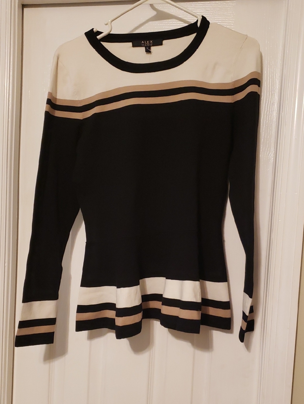 NWT-Alex Marie Evenings Black and Ivory Stripe Long-Sleeve Penelope Sweater Top